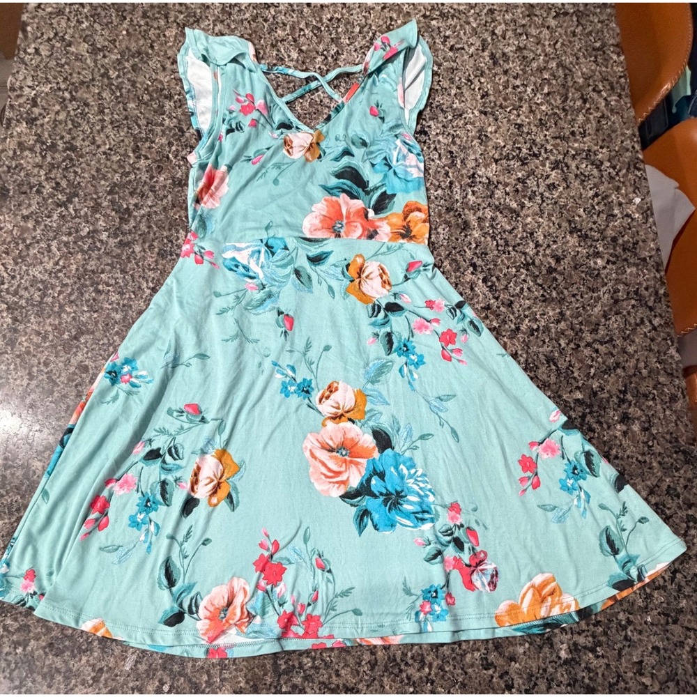 Vintage Y2K Hot Kiss Aqua Blue Floral Fit & Flare Dress Strappy Back - Size M